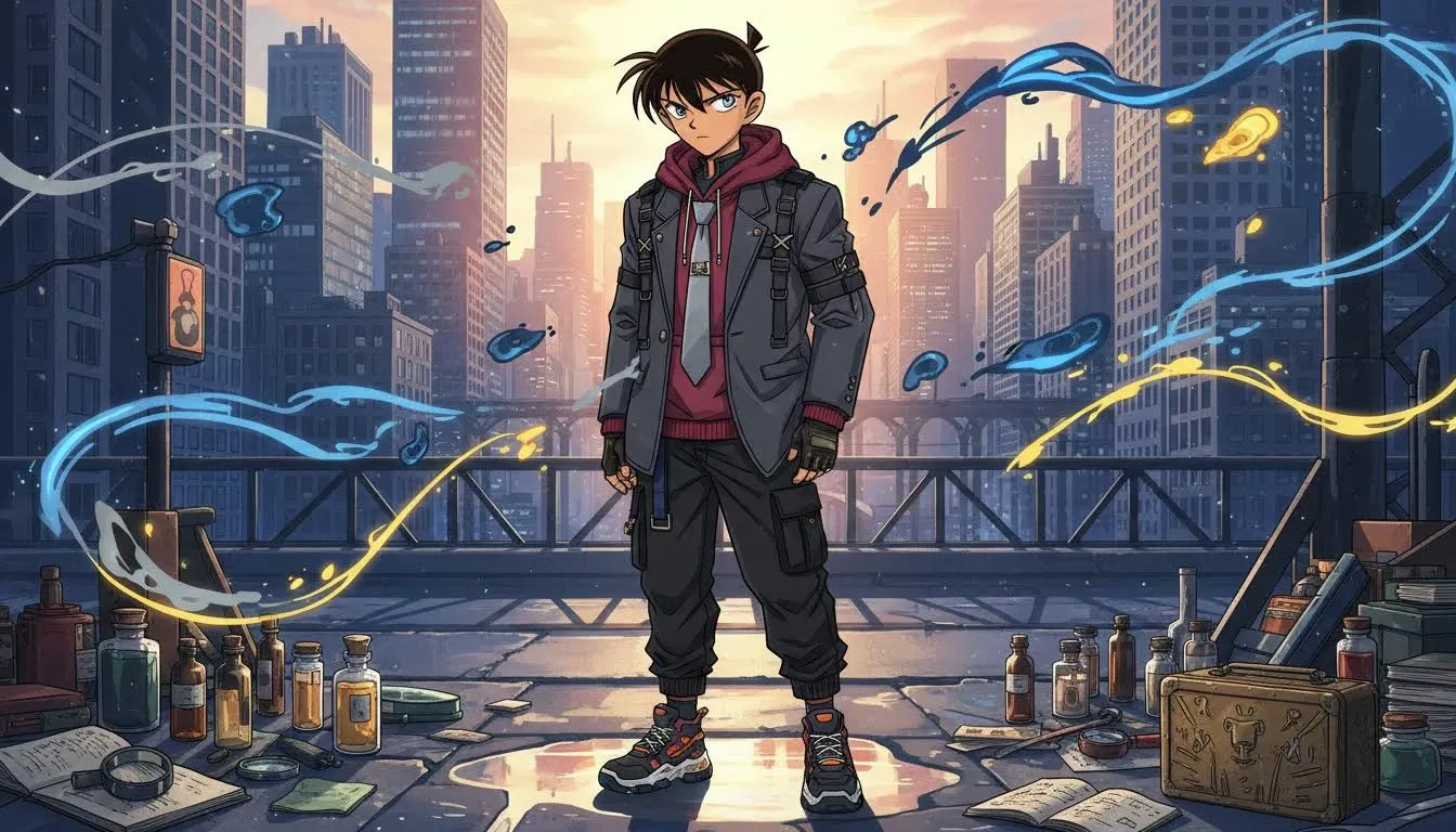 Fusión de Streetwear de Detective Conan y Shinichi Kudo con Estilo Vanguardista y Capas Audaces