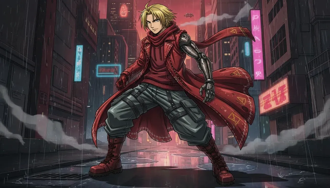 Remix de Streetwear de Edward Elric de Fullmetal Alchemist con Vibras de Estilo Vanguardista en Capas