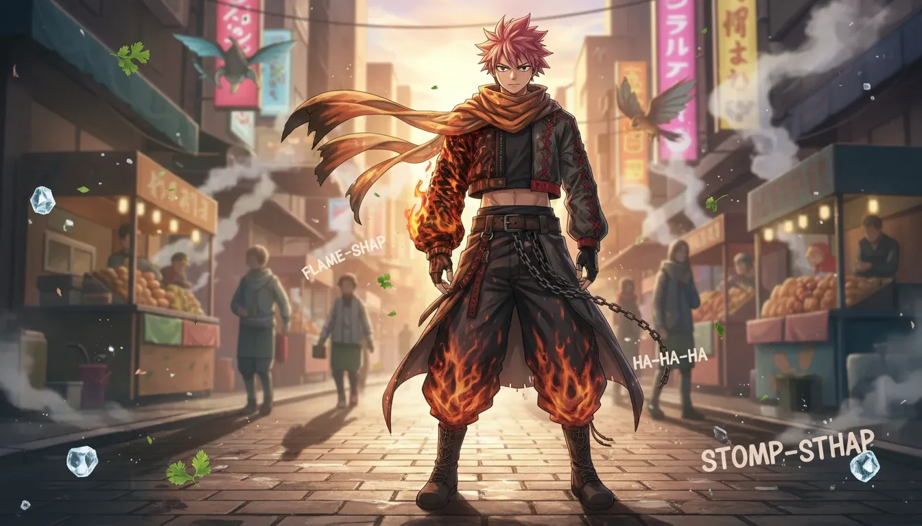 Fairy Tail Natsu Dragneel in avant garde streetwear mix and match styling fantasy fusion look