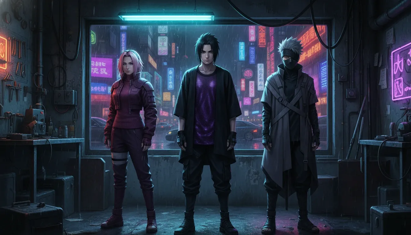 Naruto Streetwear Mirage Sasuke Sakura and Kakashi Redefine Avant Garde Layering in Neon Shadows