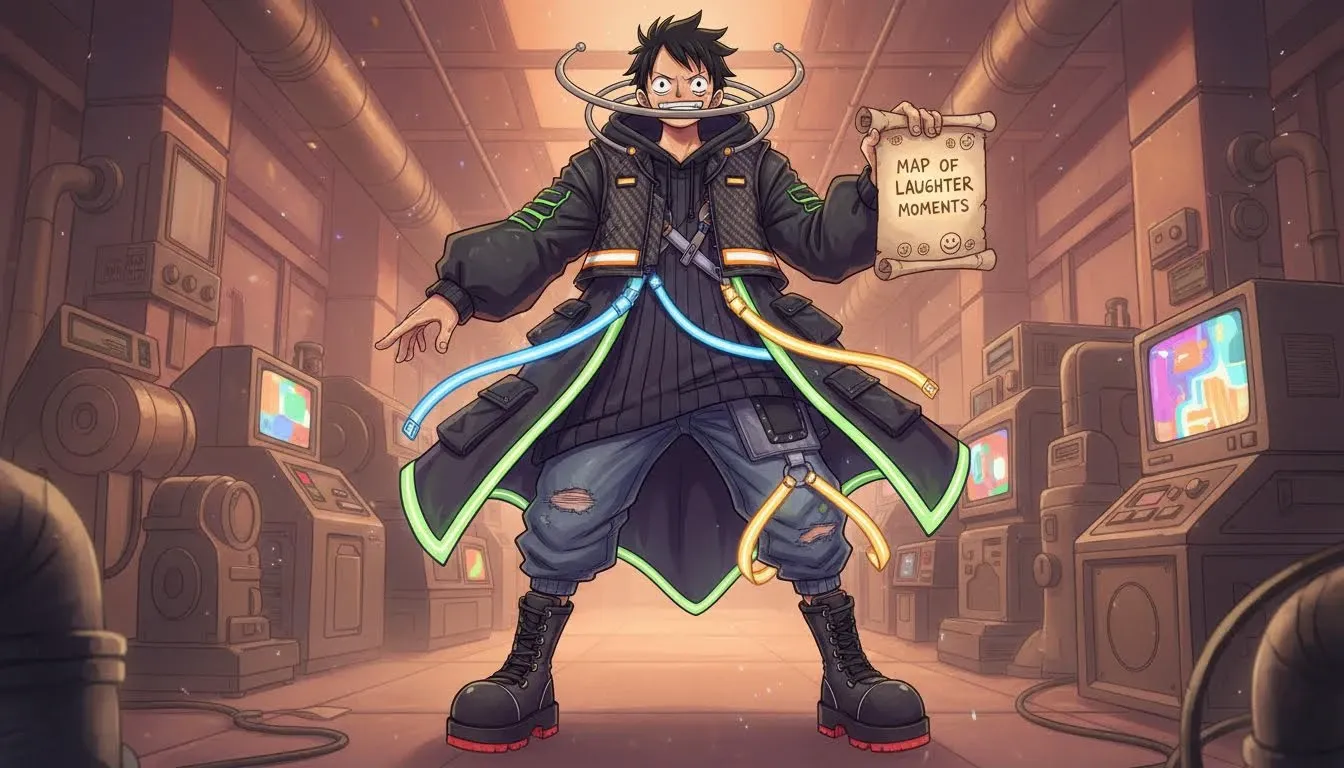 Fusion di Streetwear di Luffy di One Piece con Silhouette Avanguardistiche, Sovrapposizioni Audaci e Dettagli Neon